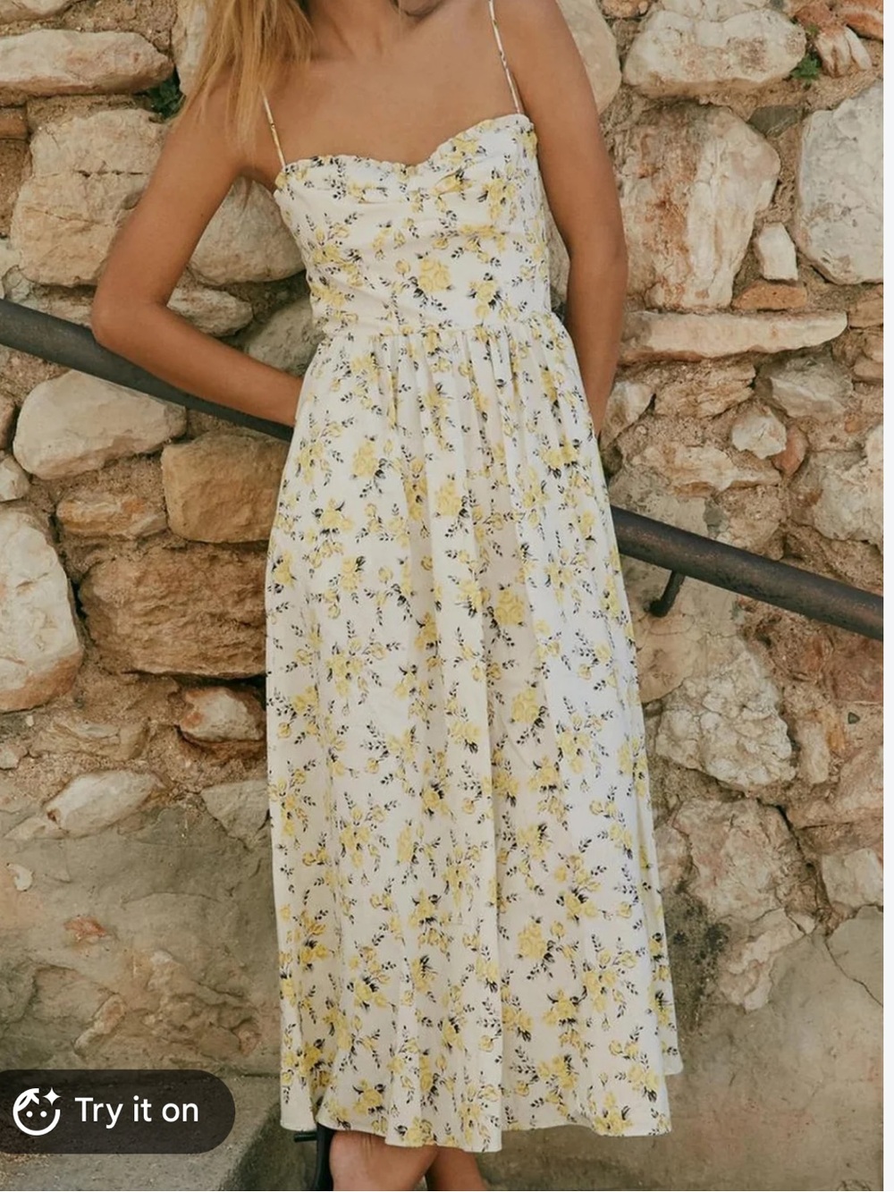 Zara White and Yellow Floral Spaghetti Strap Midi Dress